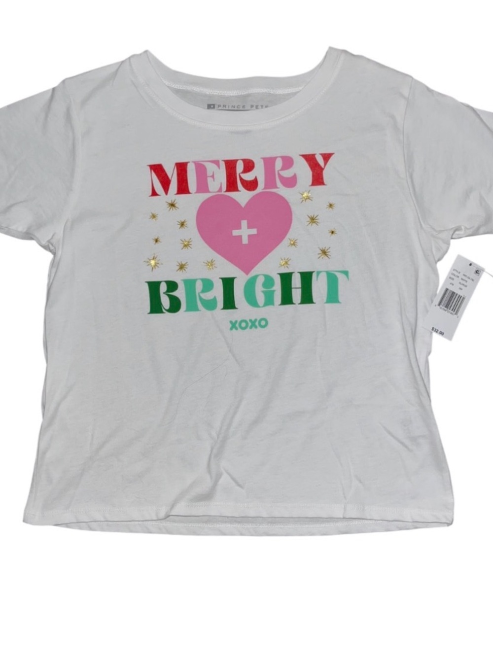 Prince Peter White Short Sleeve Top Merry Bright Pink Green Girls NWT XL Boxy